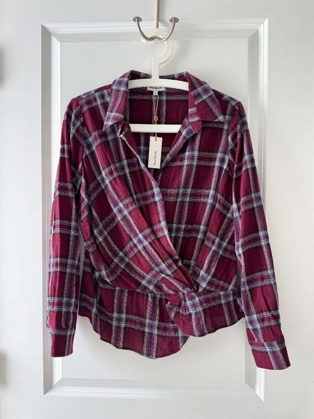HEARTLOOM Burgundy Plaid Wrap Top – Size S – NWT